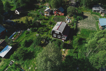 Aerial Townscape of Suburban Village Kolvica located in Northwestern Russia on the Kola Peninsula Kandalaksha Area