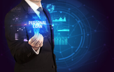 Businessman holding lightbulb with PERSONAL LOAN inscription, Business idea concept