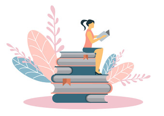 Girl sitting on pile of books with open book in her hands.