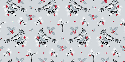 Seamless Christmas Pattern with Winter Birds, Pine Branches, Leaves and Holly Berries. Vector Background for Winter Holidays, Christmas and New Year Design