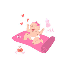 A cartoon toddler in a diaper sits on a pink gym mat, next to a pacifier, an apple and a bottle of milk. A white child with a pink bow on his head laughs loudly. Vector stock illustration.