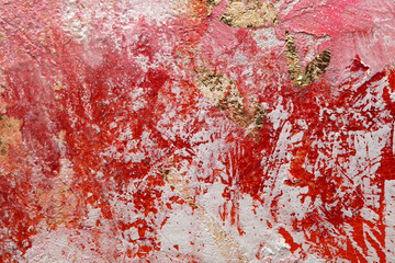 Art Abstract acrylic and watercolor relief smear blot painting with gold glitter. Red color texture background.
