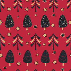 Seamless Christmas pattern with dark and gold Christmas trees on red background
