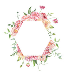 Watercolor floral illustration - leaves and branches frame with flowers and leaves for wedding stationary, greetings, wallpapers, background. Roses, green leaves. High quality illustration