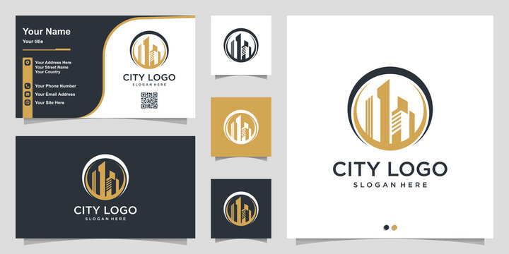 City logo with modern circle concept and business card design template Premium Vector