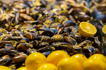 Close-up background of stuffed mussels, selective focus