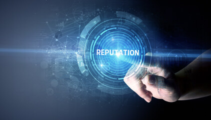 Hand touching REPUTATION button, modern business technology concept