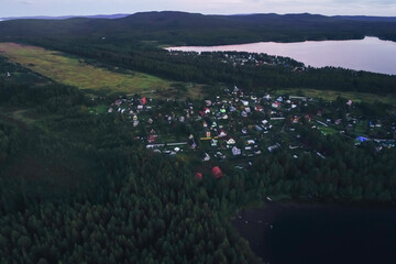 Aerial Townscape of Suburban Village Fedoseevka located in Kandalaksha Area in Northwestern Russia...