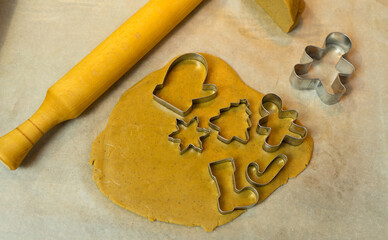 Dough preparation. Making cookies from fresh dough. On the table with flour.