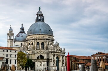 Close up of the Basilica of St Mary of Health or Basilica di Santa Maria della Salute at grand canal in Venice, Italy