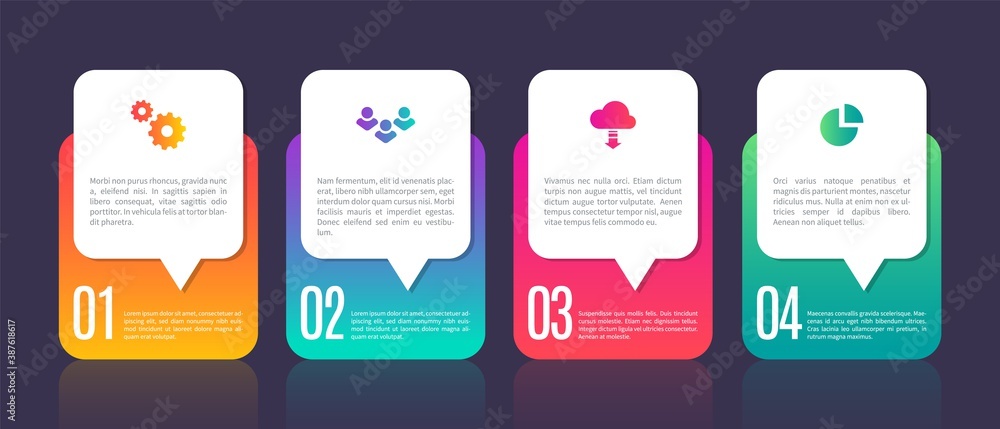 Poster Infographic template chart elements. Business process with four steps. Digital presentation, web site interface, smart mobile option. Vector organization bright information diagram, template with text