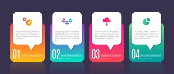 Infographic template chart elements. Business process with four steps. Digital presentation, web site interface, smart mobile option. Vector organization bright information diagram, template with text