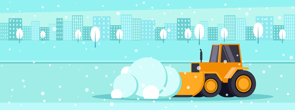 yellow tractor rowing snow from the road on the street. vector.