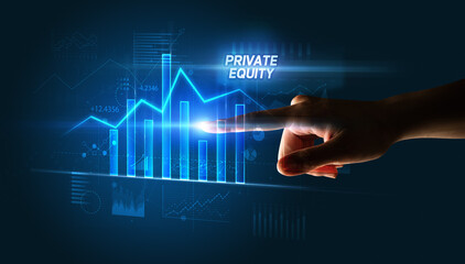 Hand touching PRIVATE EQUITY button, business concept