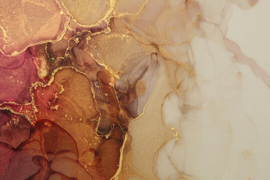 Art Abstract watercolor flow blot painting. Color canvas marble texture background. Gold glitter Alcohol ink. © Liliia