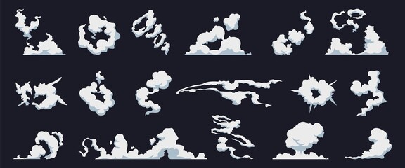 Smoke cloud. Cartoon fog puff. Steam motion bomb blast, dust explosion. Collection of cloudscape templates, evaporated water in sky. Weather forecast symbol mockup. Vector vapor trail isolated set © SpicyTruffel