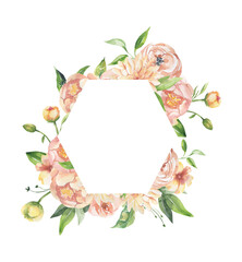 Watercolor floral illustration - leaves and branches frame with flowers and leaves for wedding stationary, greetings, wallpapers, background. Roses, green leaves. High quality illustration