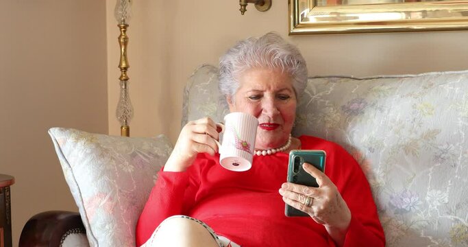 Portrait Of A Eldery Woman With Smartphone At Home