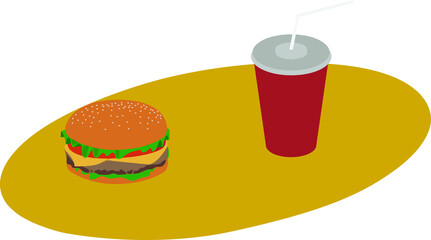 hamburger and drink on a background of a yellow oval