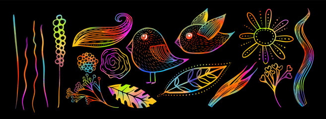 Naklejka premium Set of decorative flowers leaves and birds. Multicolored pattern. Mixed media. Vector illustration