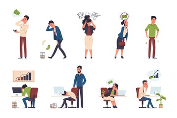Bankruptcy. Financial trouble concepts. Stressed cartoon characters, office workers with economic, business problems. People with outstanding payments, debts or bank loans. Vector poverty isolated set