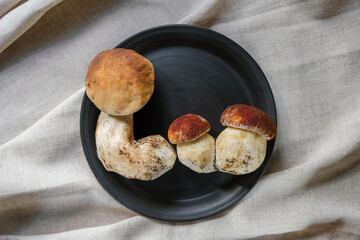 Boletus edulis (king bolete) on a black ceramic plate.