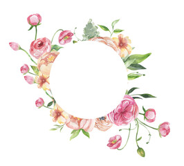 Watercolor floral illustration - leaves and branches frame with flowers and leaves for wedding stationary, greetings, wallpapers, background. Roses, green leaves. High quality illustration