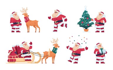 Cartoon Santa Claus. Cute Christmas character with presents, reindeer with sleigh, fir tree decorated with garlands. Winter holiday template for greeting cards, New Year posters. Vector December set