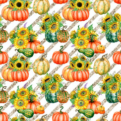 Seamless pattern with watercolor pumpkins, stripes and sunflowers on white background