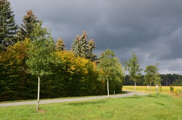 Straße durchquert bunte sonnige Herbstlandschaft unter schwarzem Himmel