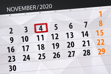 Fototapeta premium Calendar planner for the month november 2020, deadline day, 4, wednesday