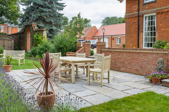 UK Property, House And Back Garden, Patio Furniture On Terrace