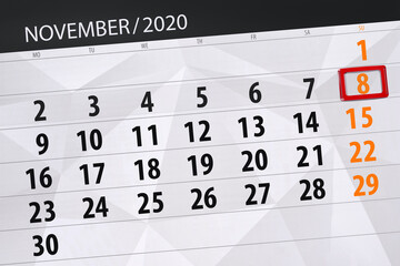 Obraz premium Calendar planner for the month november 2020, deadline day, 8, sunday
