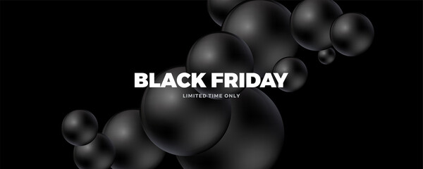 Black Friday sale banner. Minimal modern poster design template with 3d black balls. Social media product promotion web banner. Trendy abstract background. Vector illustration.