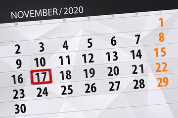 Calendar planner for the month november 2020, deadline day, 17, tuesday