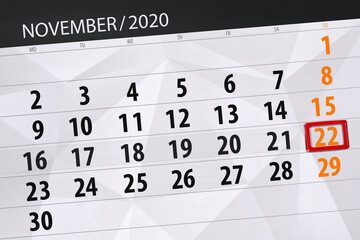 Obraz premium Calendar planner for the month november 2020, deadline day, 22, sunday