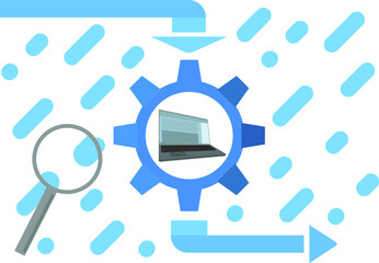 laptop in the center of the gear on a background with arrows