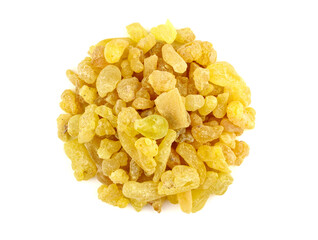 Closeup on Frankincense (Olibanum). High Grade Yellow Aroma Resin Gum. Isolated on White Background.