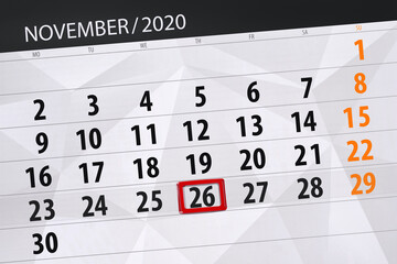 Obraz premium Calendar planner for the month november 2020, deadline day, 26, thursday
