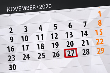 Obraz premium Calendar planner for the month november 2020, deadline day, 27, friday
