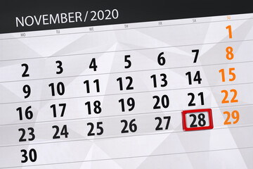 Fototapeta premium Calendar planner for the month november 2020, deadline day, 28, saturday