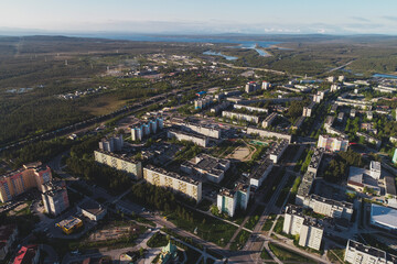 Aerial Townscape of Town Poliarnye Zori located in Northwestern Russia
