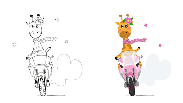 Vector illustration of cute giraffe on a motorcycle.Children's coloring book.