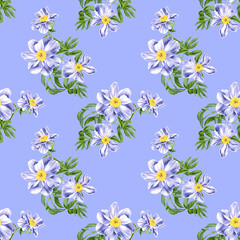 Seamless pattern with peonies, twigs, green leaves on a blue background. Endless botanical floral illustration.