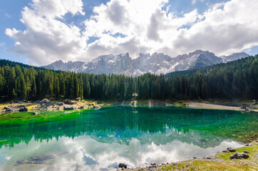 Beautiful view of famous Carezza lake at dolomite mountain,Italy