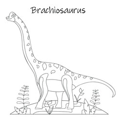 Cartoon dinosaur, brachiosaurus. Vector illustration. Black and white illustration. 