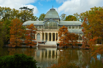 Fototapeta na wymiar Crystal palace inside the Retiro park in Madrid in autumn