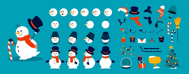 Snowman animation kit. Christmas character construction elements, combination of heads, body and arms in different poses. Winter hats, scarves or objects decorating snow figure. Vector celebration set