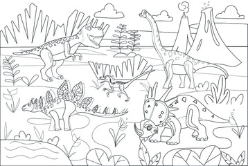 Cartoon dinosaurs in nature. Vector illustration of tyrannosaurus, brachiosaurus, stegosaurus,