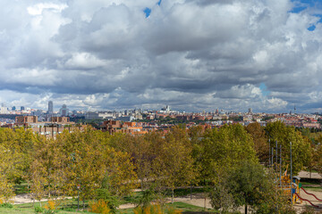 Madrid skyline landscape with storm clouds in autumn